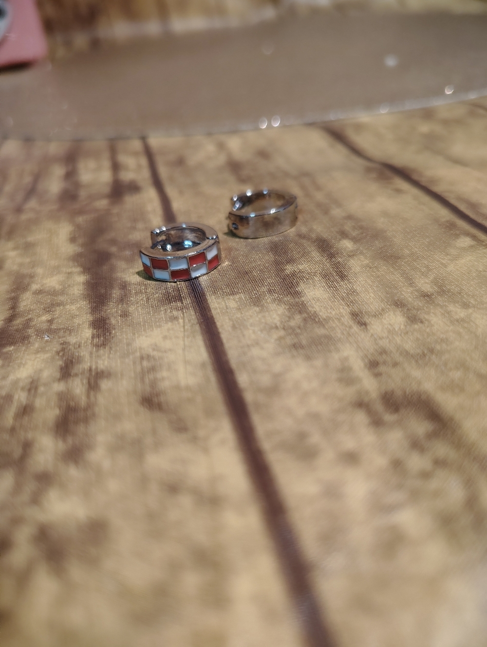 Silver Hoop Earrings with Orange and White Inlay